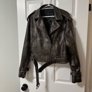 Dynamite Distressed Dark Brown Faux Leather Biker Jacket